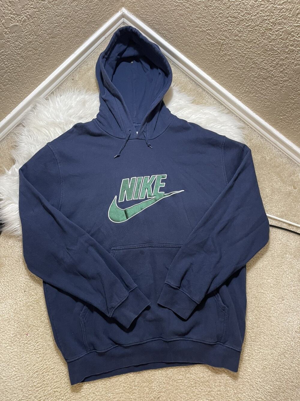 Vintage Y2k Nike Navy Blue Hoodie Center Swoosh Spell Out Size XL Grey Tag